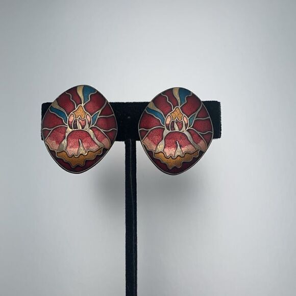 Vintage SET of 3 PAIRS of Gorgeous Hues ENAMELED-METAL earrings, Unmarked - Picture 4 of 5